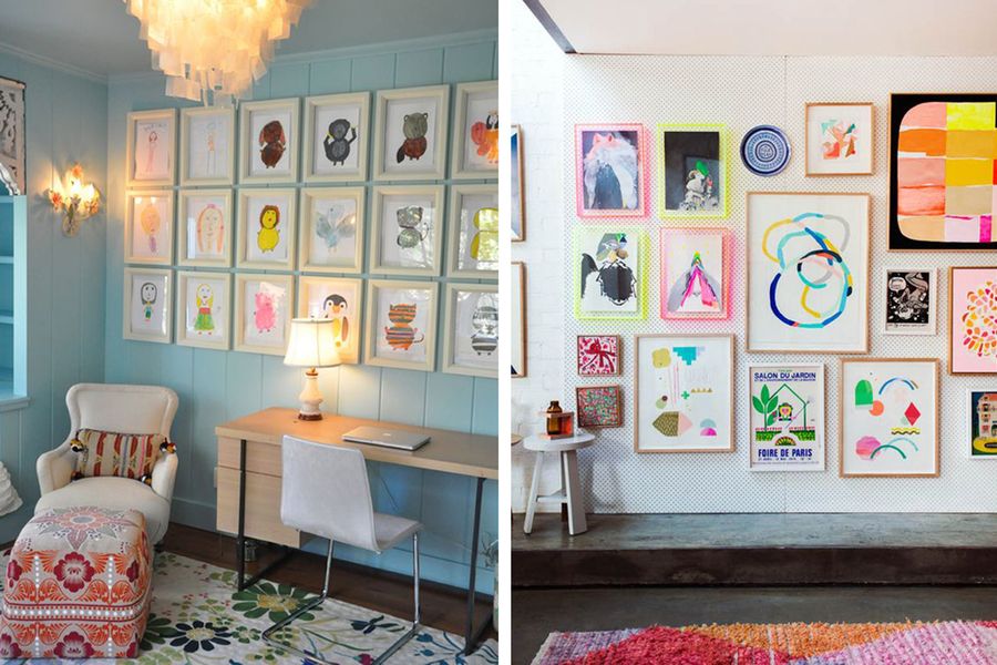 Dessins d'enfants encadrés au mur comme des oeuvres d'art et tableaux de maître