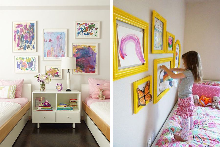 Dessins d'enfants encadrés dans une chambre d'enfant