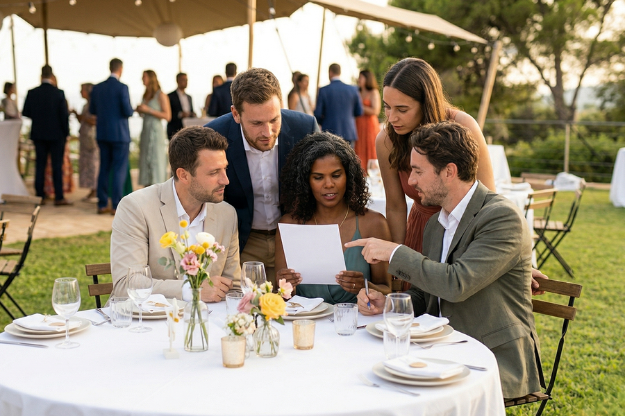 Des invités de mariage en tenue élégante sont réunis dehors autour d’une table et regardent une grille de mots mêlés de mariage, pour inspirer Photobox et des jeux mariage pour animer un mariage.