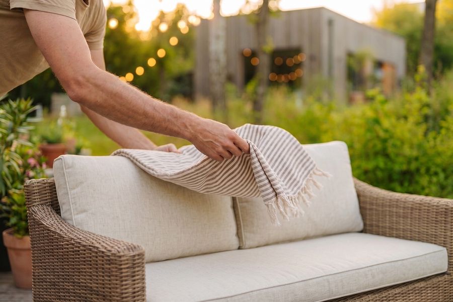 Une personne drape un plaid léger sur un canapé de jardin d’extérieur, une idée inspirante de décoration extérieure pour l’été et d’aménagement détente au jardin.