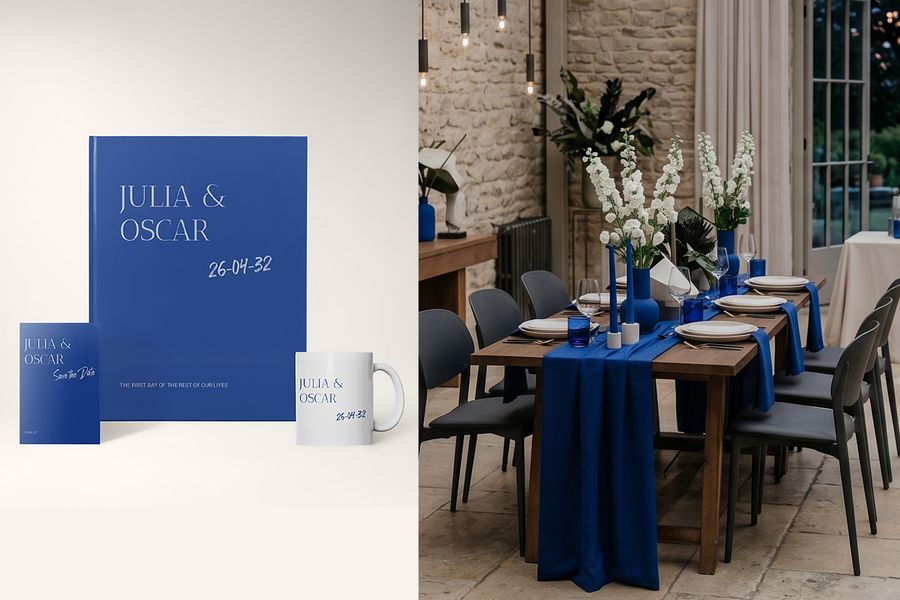Les designs de mariage typographic minimalist de Photobox sont présentés à côté d’une photo de mariage dans la même esthétique, mettant en avant une typographie forte, un design mariage minimaliste et les tendances mariage 2026.