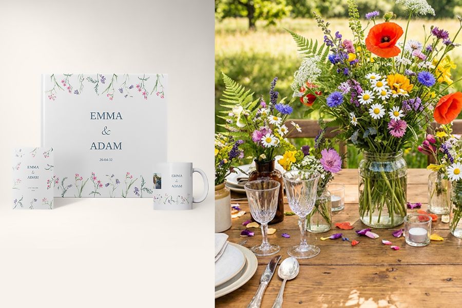 Les designs de mariage soft botanical de Photobox sont présentés à côté d’une table de mariage fleurie, mettant en avant des fleurs délicates, des palettes douces et les tendances mariage 2026.