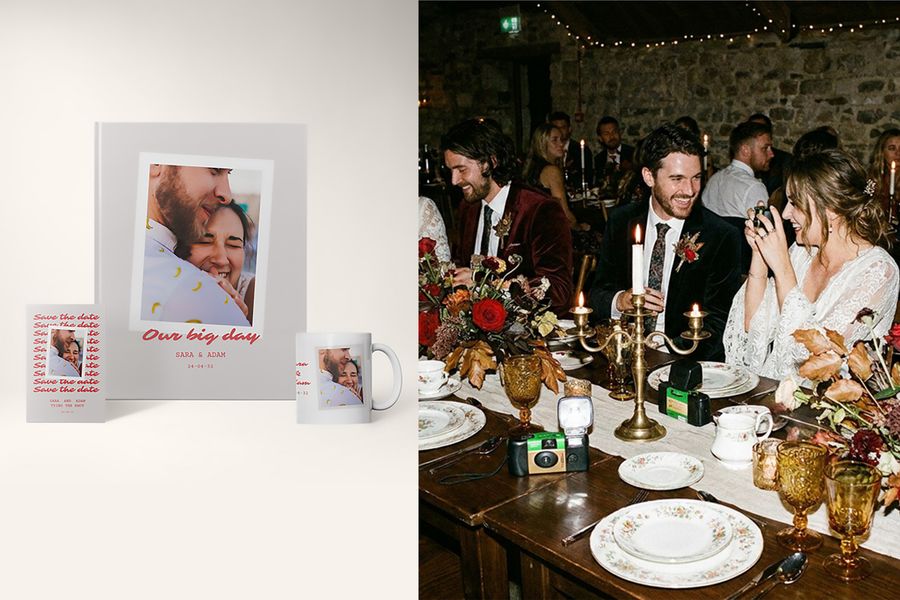 Les designs de mariage scripted editorial de Photobox sont présentés à côté d’une réception de mariage élégante en soirée, mettant en avant un style cinématographique, des détails éditoriaux et les tendances mariage 2026.