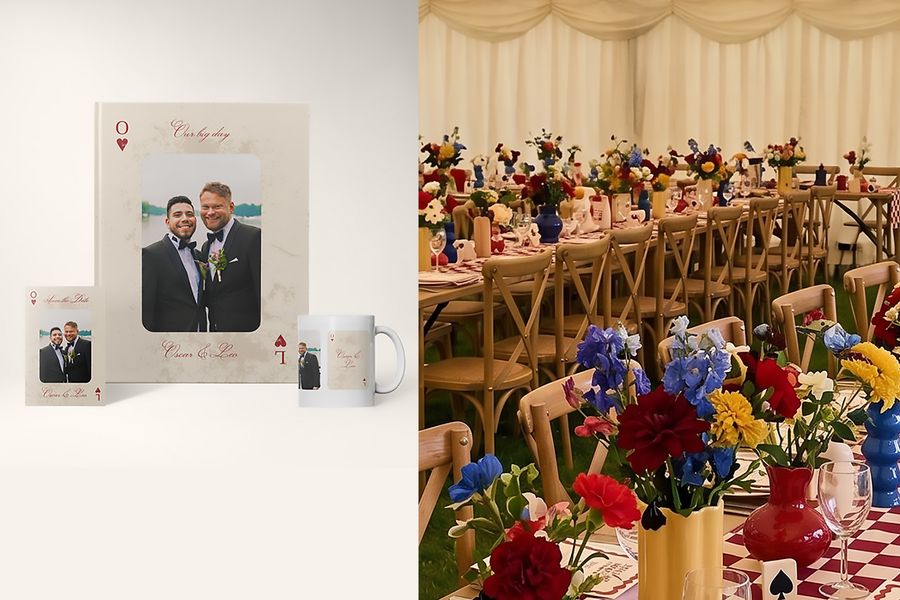 Les designs de mariage modern groovy de Photobox sont présentés à côté de tables de mariage dressées, mettant en avant des détails rétro ludiques, des couleurs audacieuses et les tendances mariage 2026.