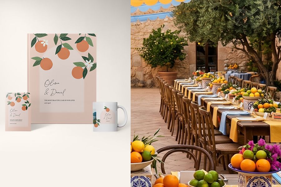 Les designs de mariage modern orchard de Photobox sont présentés à côté de tables de mariage décorées de fruits et de citronniers, mettant en avant un style méditerranéen, des détails d’agrumes et les tendances mariage 2026.