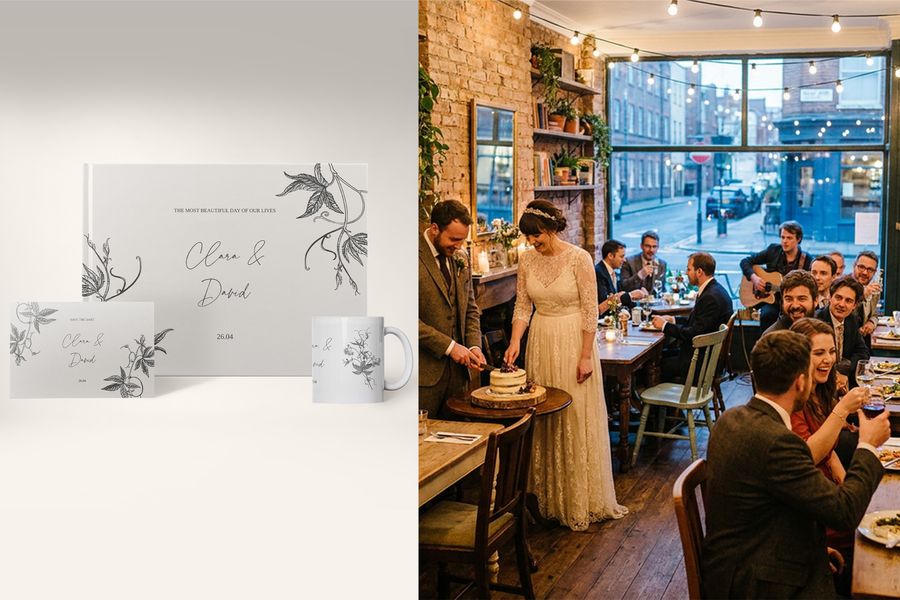 Les designs de mariage whimsical storyboard Ink & Ivy de Photobox sont présentés sur un livre photo, une carte et un mug, à côté d'une réception de mariage décontractée où le couple découpe son gâteau, mettant en avant des illustrations fines, des détails dessinés à la main et les tendances mariage 2026.