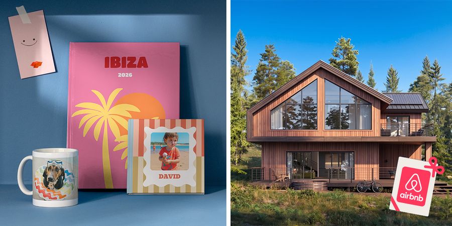Une sélection de produits personnalisés Photobox, dont des livres photo et un mug, est présentée à côté d’une belle maison, illustrant les prix du concours photo d’été Photobox, dont des bons Airbnb.