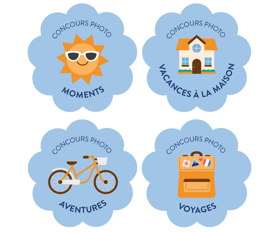 Quatre icônes illustrées représentant les thèmes hebdomadaires du concours photo d'été Photobox : un soleil pour les Moments d'été, une maison pour les Staycations d'été, un vélo pour les Aventures d'été et un sac à dos pour les Voyages d'été.