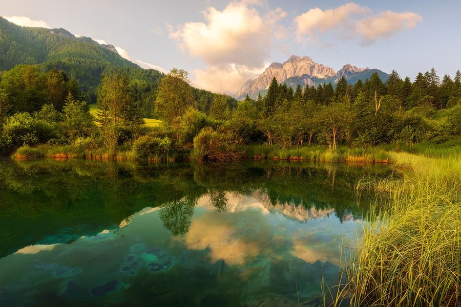 D'imposants sommets calcaires et les eaux claires et réfléchissantes du lac de Bohinj au parc national du Triglav en Slovénie, l'un des meilleurs parcs nationaux d'Europe présentés dans le guide de Photobox.