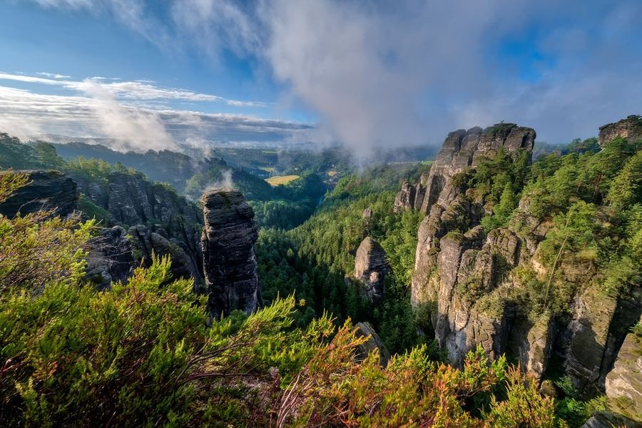 D'étranges piliers de grès s'élèvent au-dessus de forêts verdoyantes et brumeuses près du célèbre pont de Bastei au parc national de la Suisse saxonne en Allemagne, l'un des meilleurs parcs nationaux d'Allemagne présentés dans le guide de Photobox.