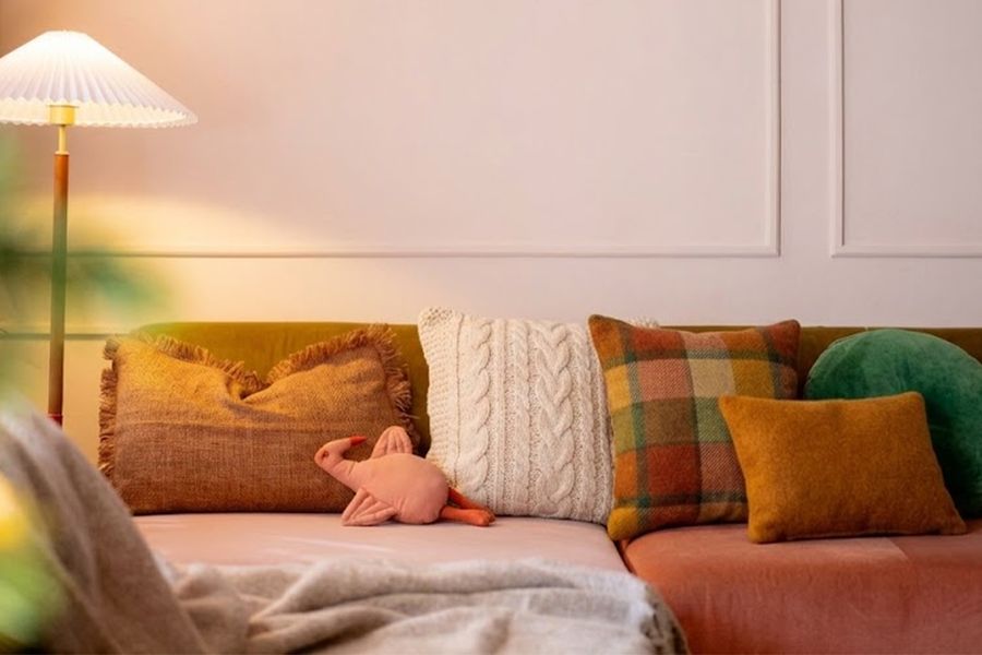 Un salon chaleureux avec un lampadaire à la lumière chaude à côté d'un canapé garni de coussins variés, dont un en vichy aux tons orangés et un en velours vert, aux couleurs d'automne, illustrant les conseils de Photobox pour éviter les erreurs de style hygge grâce à des textures douces et un éclairage chaleureux.