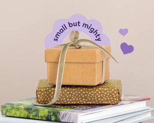 Une pile de livres photo et de cadeaux emballés, surmontée d'une petite boîte proclamant "Petit mais costaud".
