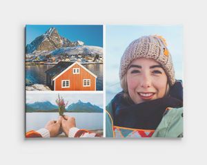 Un pêle-mêle sur toile avec deux photos de paysages et une photo d’une personne souriante.