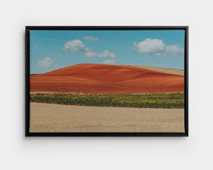 Une toile photo encadrée avec l'image d’un paysage estival.