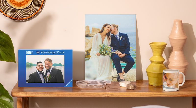 Cadeaux de mariage personnalisés Photobox : déco photo, mug et puzzle.