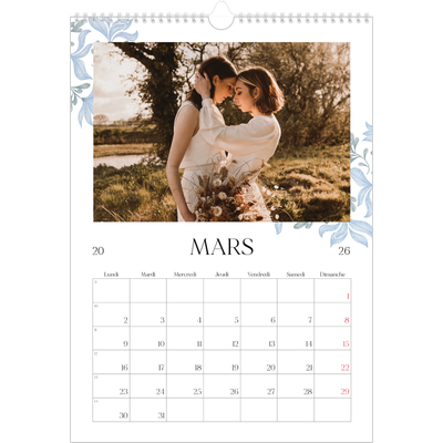A3 Calendrier annuel — Romance en bleu et blanc [Mars]