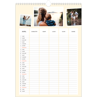 Calendrier familial A3 — Agenda moderne - Famille de 5 [Avril]