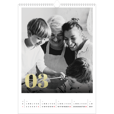 A3 Calendrier annuel — Larges numéros brillants [Mars]