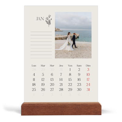 Calendrier de bureau support bois - portrait  — Initiales fleuries [Janvier]