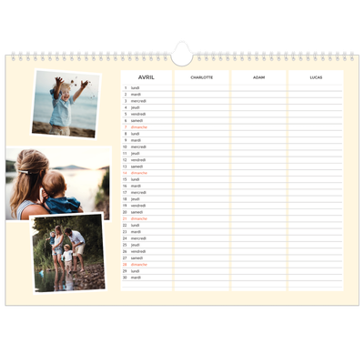 Calendrier photo A3 — Agenda moderne - Famille de 3 [Avril]