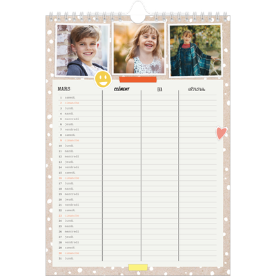 Calendrier familial A4 — Agenda rustique - Famille de 3 [Mars]