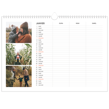 Calendrier photo A3 — Agenda simple - Famille de 3