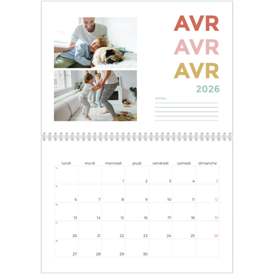 Calendrier photo A4 double (30 x 40 cm) — Lettrage coloré [Avril]