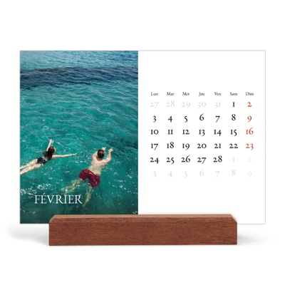 Calendrier de bureau support bois - paysage   — Superposition classique [Février]