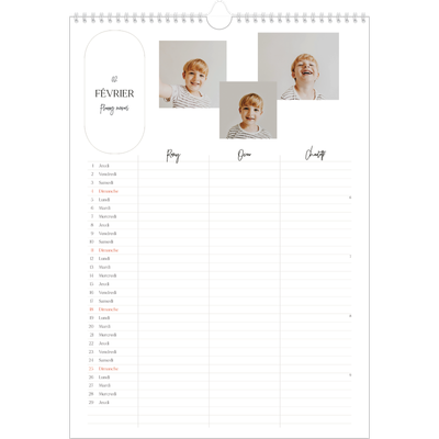 Calendrier familial A3 — Agenda une ébauche - Famille de 3 [Février]