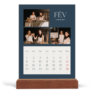 Calendrier de bureau support bois - portrait  — Ardoise et sérifs [Février]