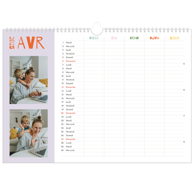 Calendrier photo A3 — Agenda tout en couleurs - Famille de 5 [Avril]