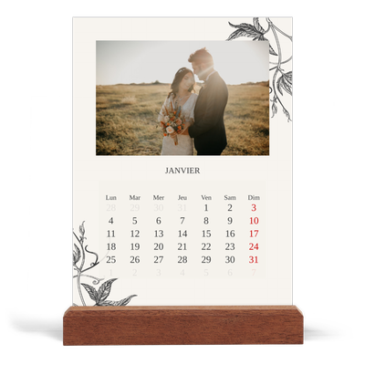 Calendrier de bureau support bois - portrait  — Encre & lierre [Janvier]