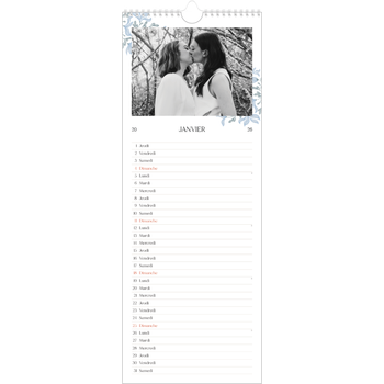 Calendrier mural long (15 x 40 cm) — Romance en bleu et blanc