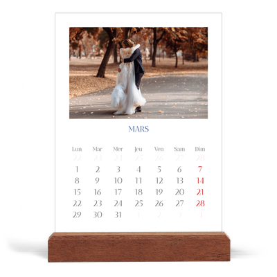 Calendrier de bureau support bois - portrait  — Classique cobalt [Mars]