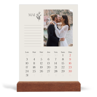 Calendrier de bureau support bois - portrait  — Initiales fleuries [couverture]