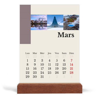 Calendrier de bureau support bois - portrait  — Vues du monde [Mars]