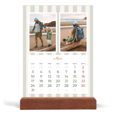 Calendrier de bureau support bois - portrait  — Lettrages et rayures [Mars]