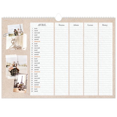 Calendrier photo A3 — Agenda kraft - Famille de 4 [Avril]