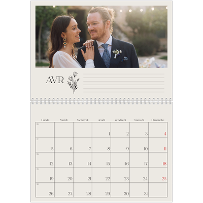 Calendrier photo A4 double (30 x 40 cm) — Initiales fleuries [Avril]