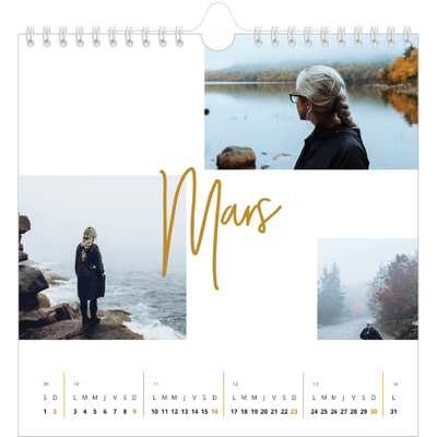 Calendriers annuels carré — Calligraphie dorée [Mars]