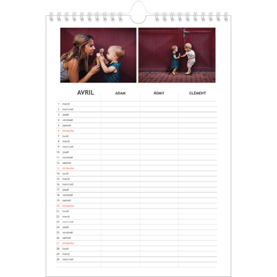Calendrier familial A4 — Agenda simple - Famille de 3 [Avril]