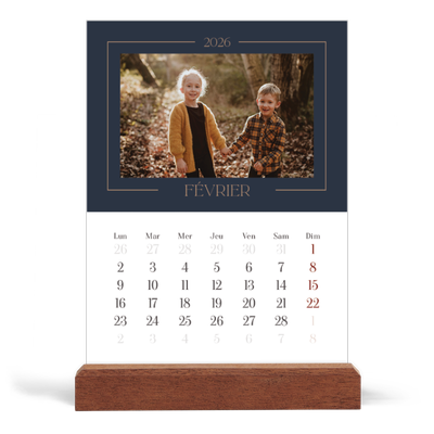 Calendrier de bureau support bois - portrait  — Bleu de Prusse [Février]