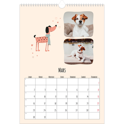 A3 Calendrier annuel — Pattes de chien et gribouillis [Mars]