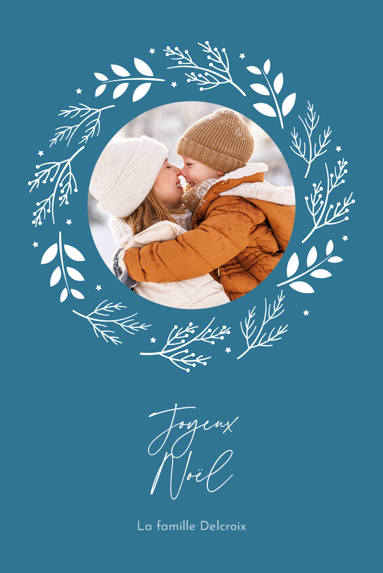 Faire-part & Cartes — Couronne de Noël - fond bleu