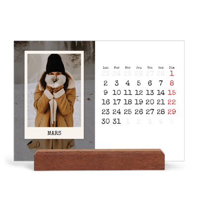 Calendrier de bureau support bois - paysage   — L'édition portrait [Mars]