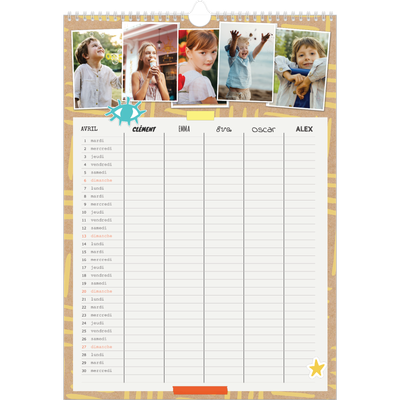 Calendrier familial A3 — Agenda rustique - Famille de 5 [Avril]