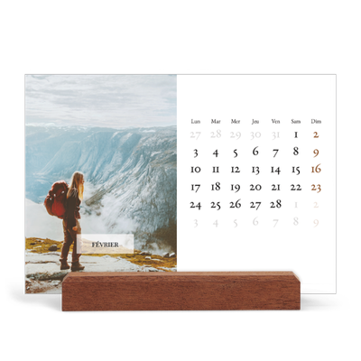 Calendrier de bureau support bois - paysage   — Superposition discrète [Février]