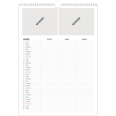 Calendrier familial A3 — Créez votre produit - Famille de 3 [Avril]
