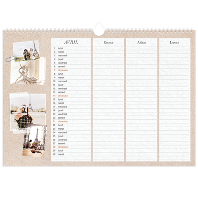 Calendrier photo A3 — Agenda kraft - Famille de 3 [Avril]