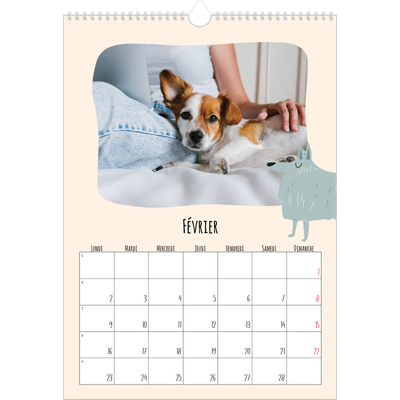 A3 Calendrier annuel — Pattes de chien et gribouillis [Février]